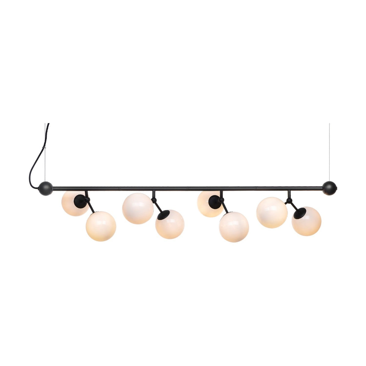 Atom Maxi Horizontal Glass 8 Light Chandelier in black, with a long bar suspended by two wires and eight opal glass spheres branching in pairs, on a plain white background.