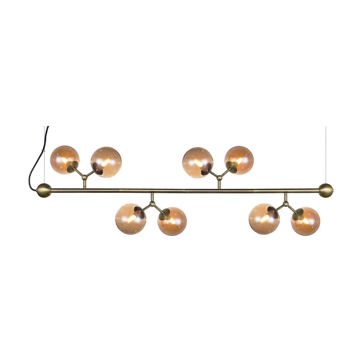 Atom Maxi Horizontal 8 Light Chandelier in antique brass, a long horizontal bar with paired amber glass spheres branching at four points, on a plain white background.