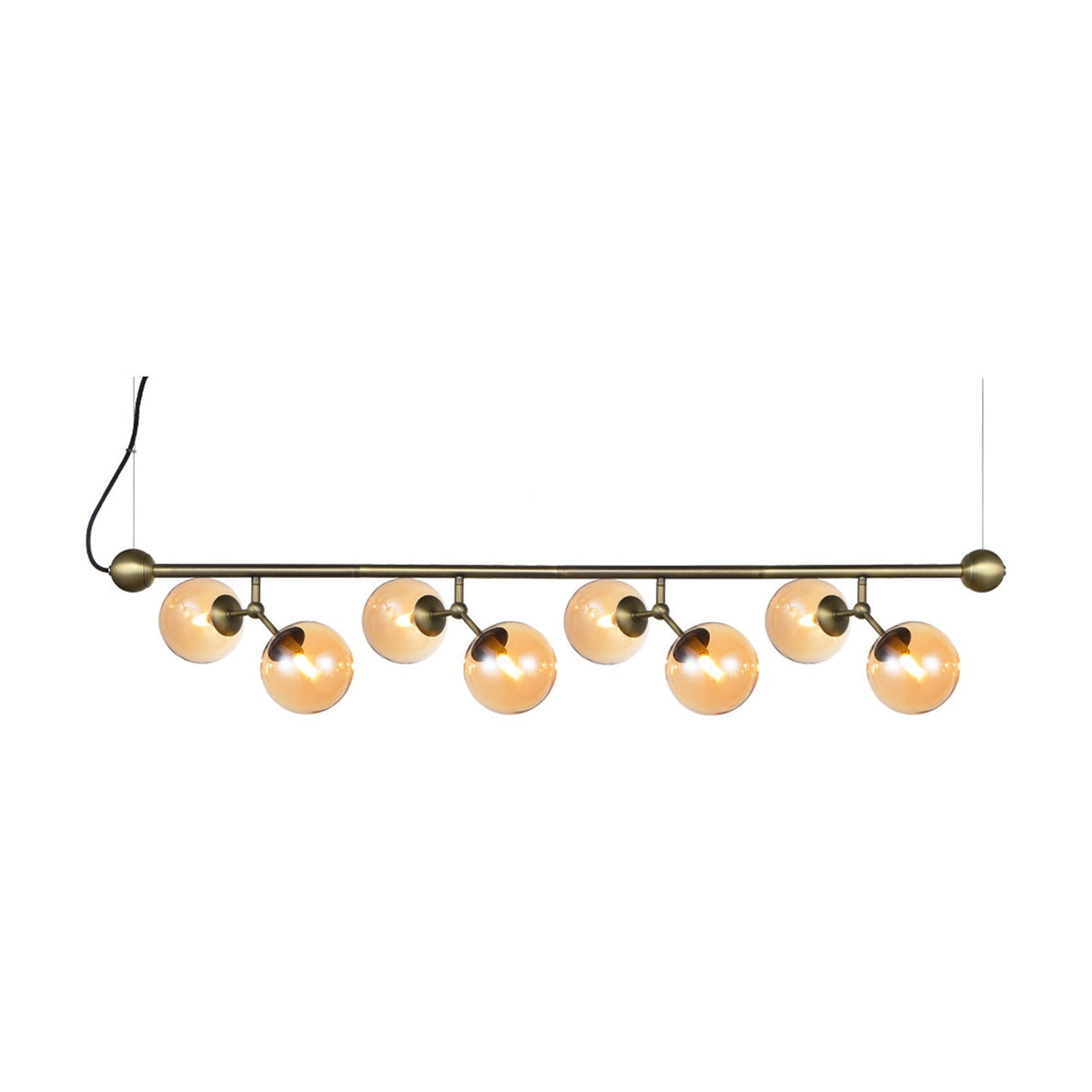 Atom Maxi Horizontal 8 Light Chandelier in antique brass, a horizontal bar suspended on wires with eight amber glass globes branching in angled pairs, shown on a white background.