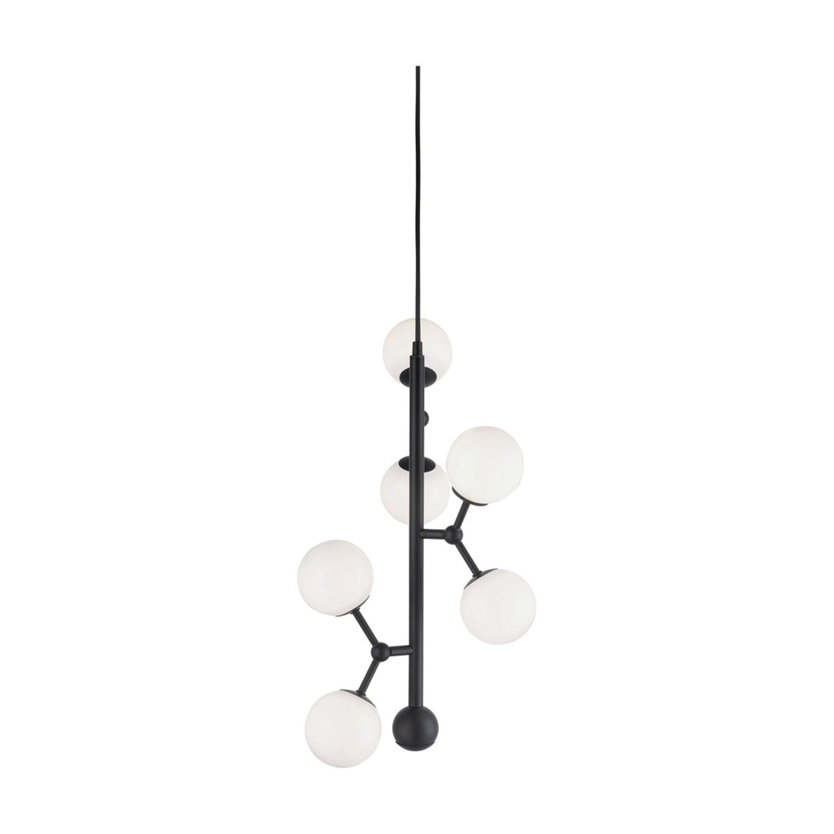 Atom Vertical Glass 6 Light Chandelier in black, with opal glass spheres branching at angles up a slender black rod, shown on a plain white background.