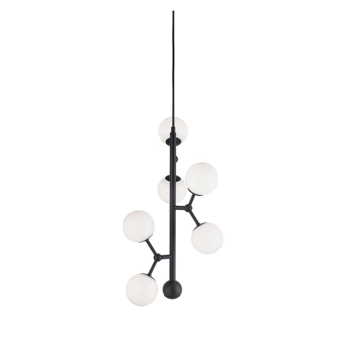 Atom Vertical Glass 6 Light Chandelier in black, featuring six opal glass globes on angled stubs branching up a slim black rod, shown on a plain white background.