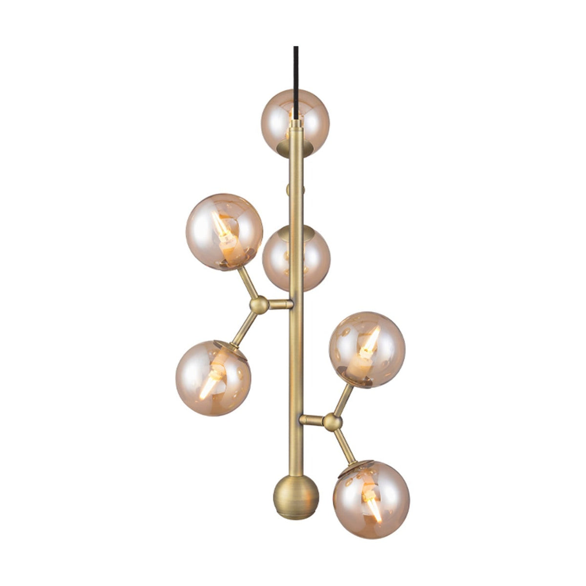 Atom Vertical 6 Light Chandelier in antique brass, with six amber glass spheres branching at angles from a tall vertical rod, shown on a plain white background.