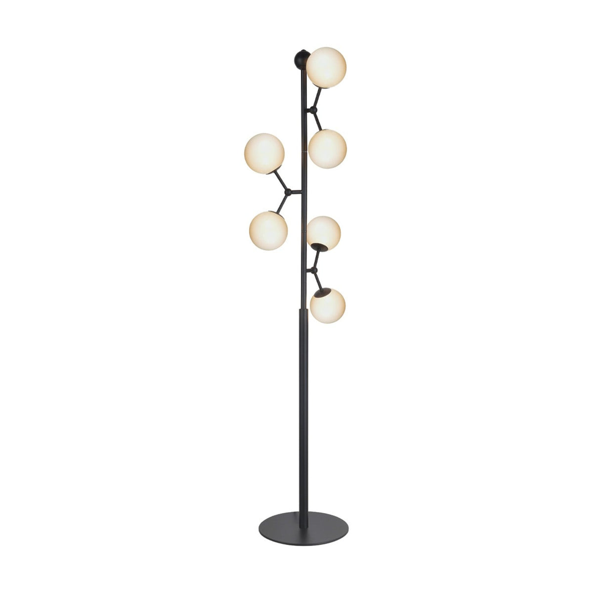 Atom Glass 6 Light Floor Lamp in black, with six opal glass spheres branching at angles up a slim rod on a round disc base, shown on a plain white background.