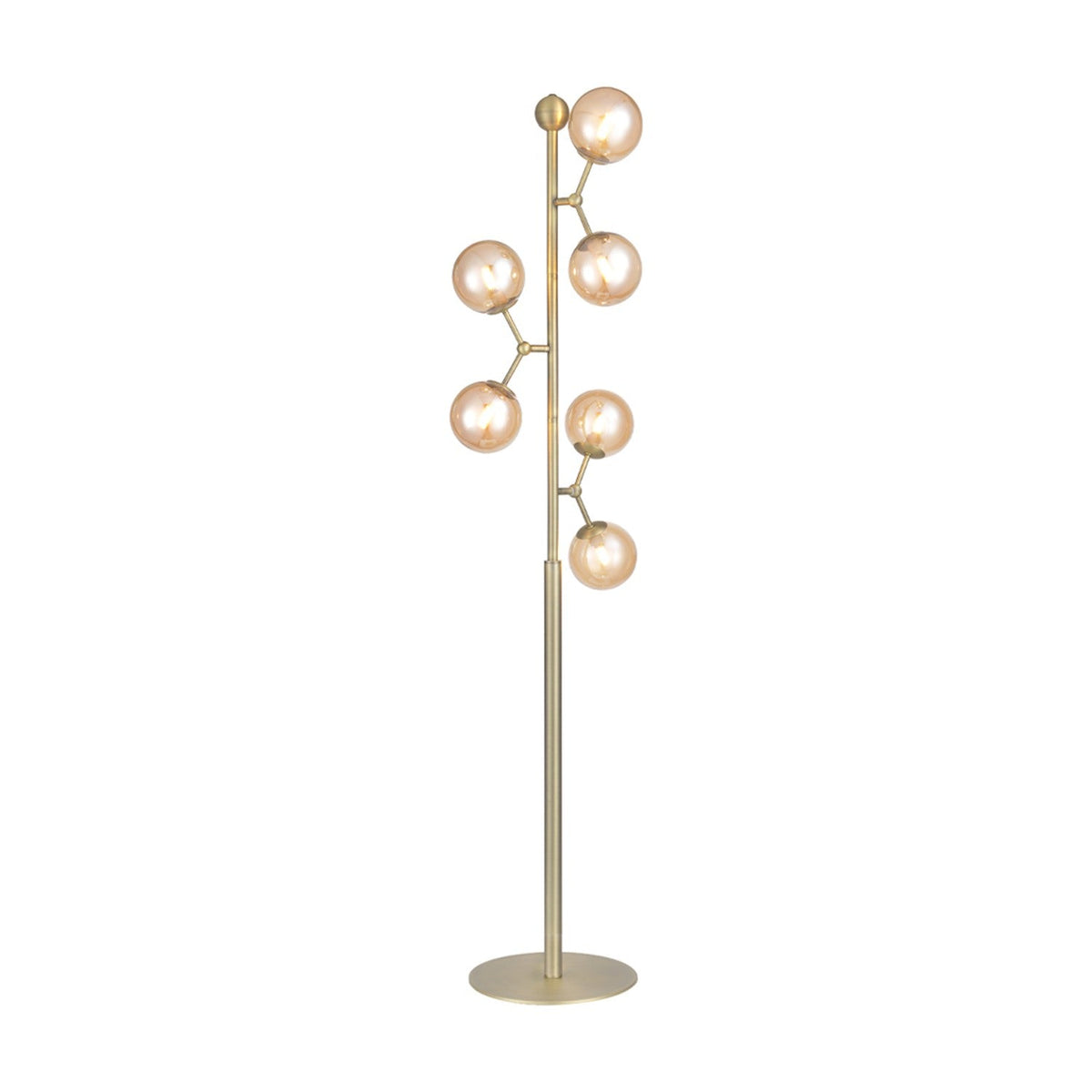 Atom 6 Light Floor Lamp in antique brass, with six amber glass globes branching at angles up a slim vertical rod on a round base, shown on a plain white background.