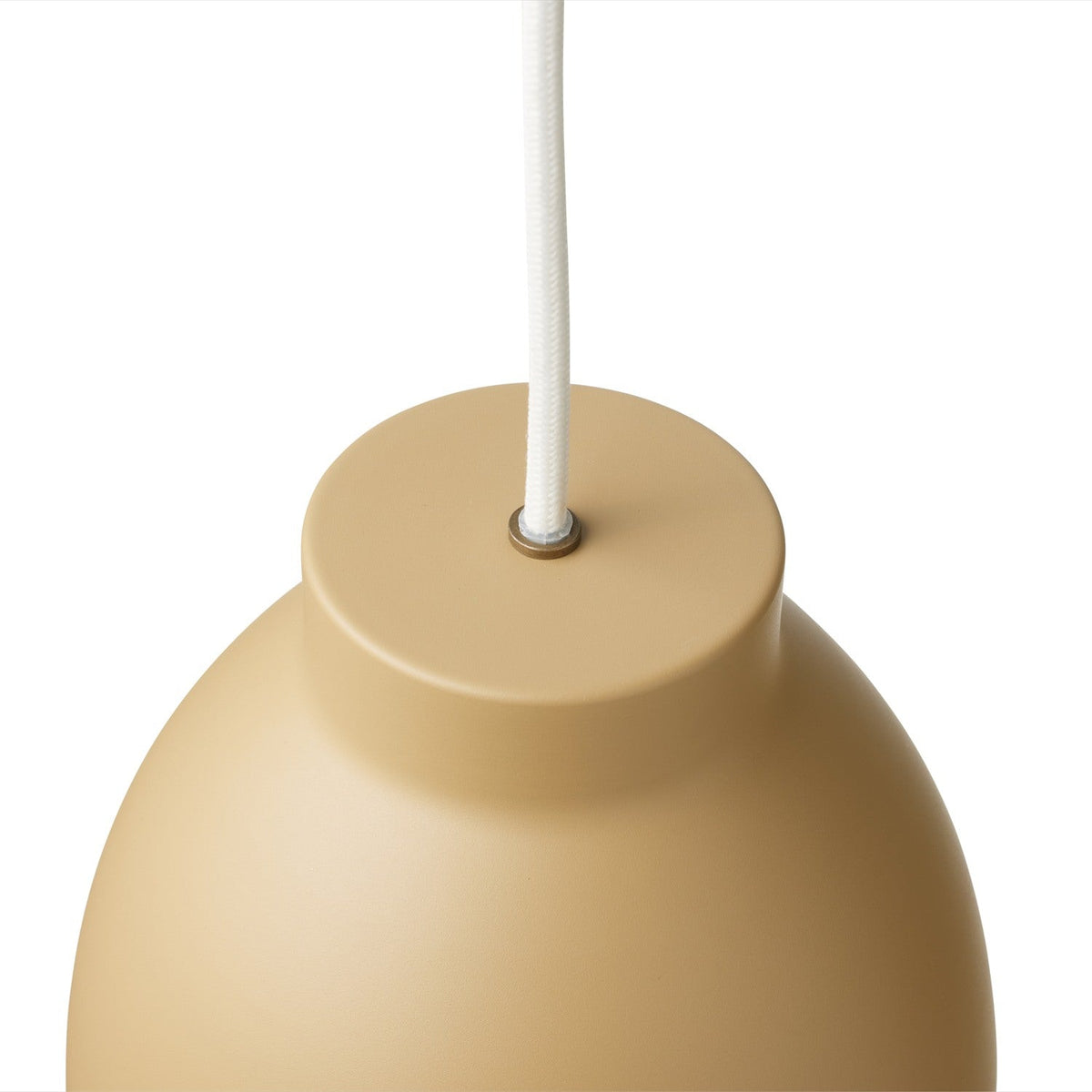 Close-up of the Object Pendant Light 16cm in Latte, showing the beige metal shade's stepped cylinder top and bell-shaped body with white cord and brass detail, on a plain white background.