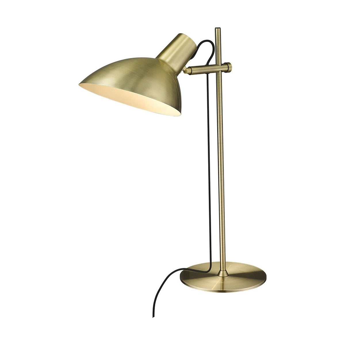 Metropole Table Lamp in brass with a tilting dome shade on a slim post and round base, black flex visible, shown on a plain white background.