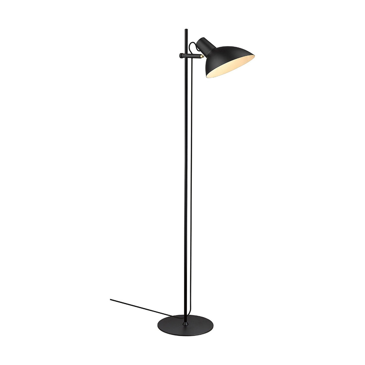 Metropole Floor Lamp in black with a slim post, round disc base, and adjustable wide dome shade with pale interior, shown against a plain white background.