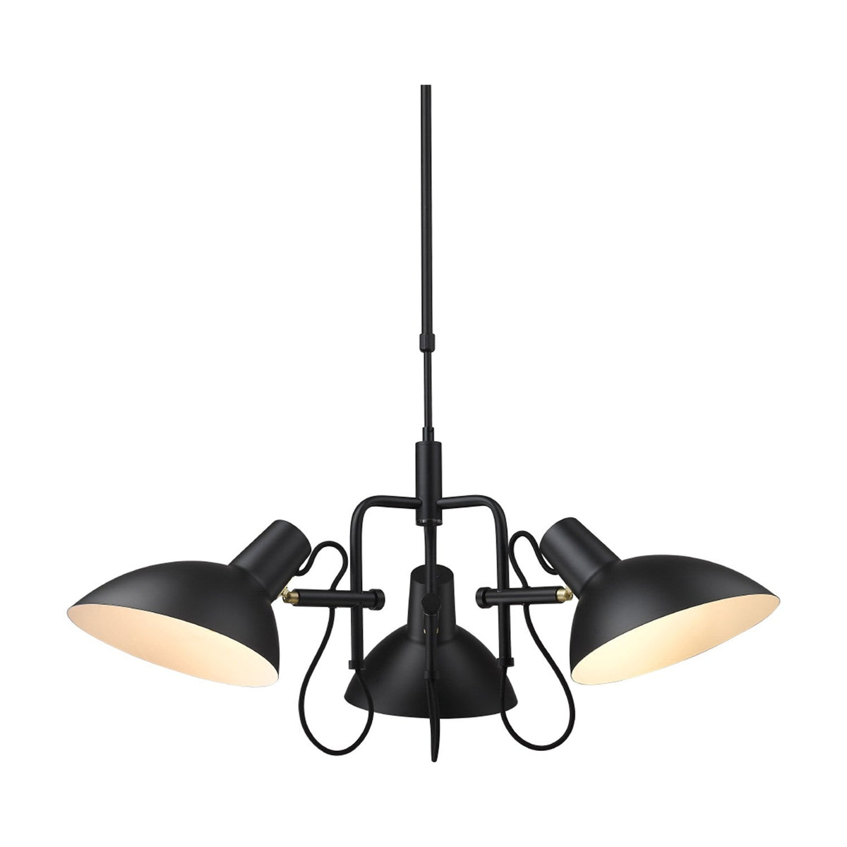 Metropole 3 Light Flush Ceiling Light in matt black, featuring a central cone and two angled dome shades with pale interiors on a black stem, set against a plain white background.