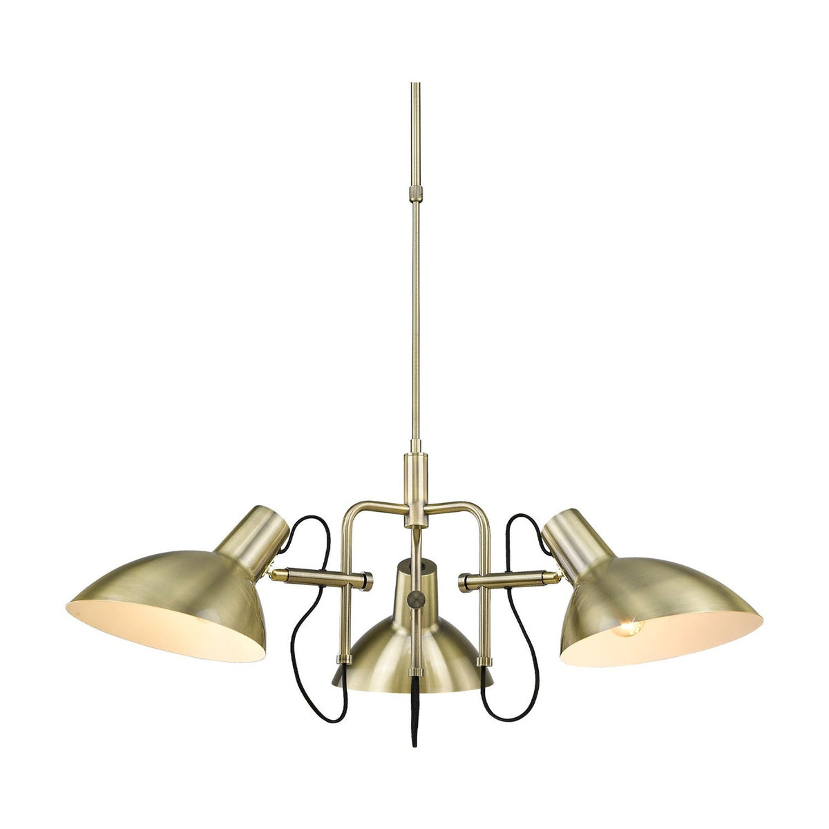 Metropole 3-light ceiling pendant in antique brass, with a central cone and two angled dome shades on short arms, black flexes visible, shown on a plain white background.