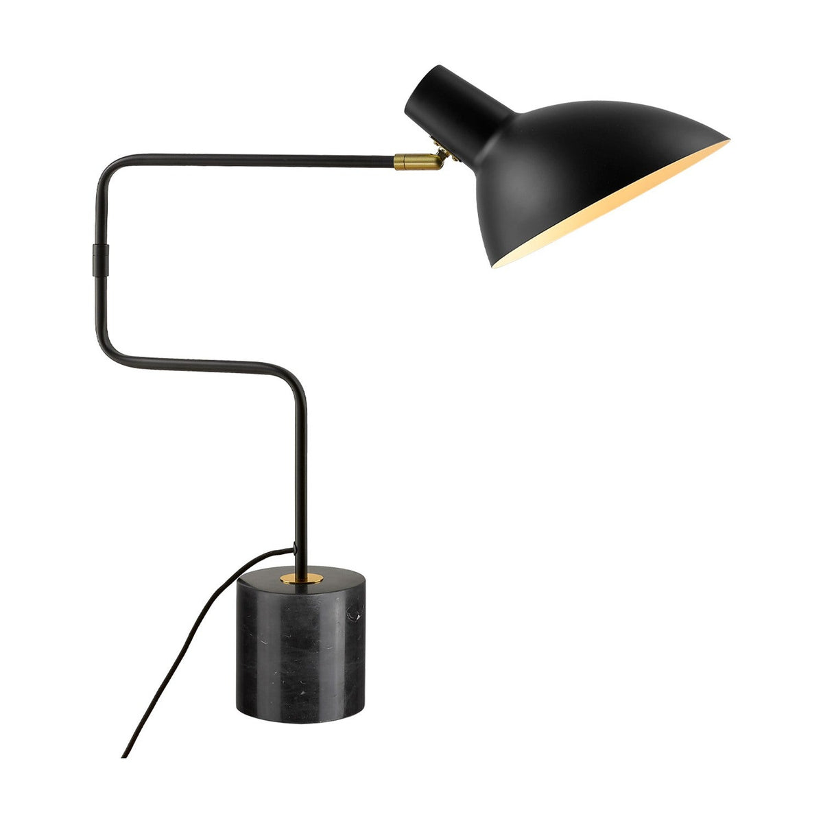 Metropole Deluxe Swing Table Lamp in matte black with a wide shallow dome shade, angled swing arm, brass collar joint, and polished black marble base, shown on a plain white background.