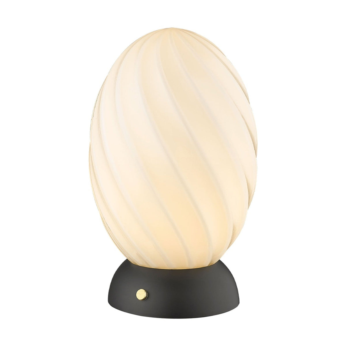 Twist Oval Table Lamp in opal glass with a twisted, ribbed egg-shaped shade on a black half-dome base with brass control button, shown on a plain white background.