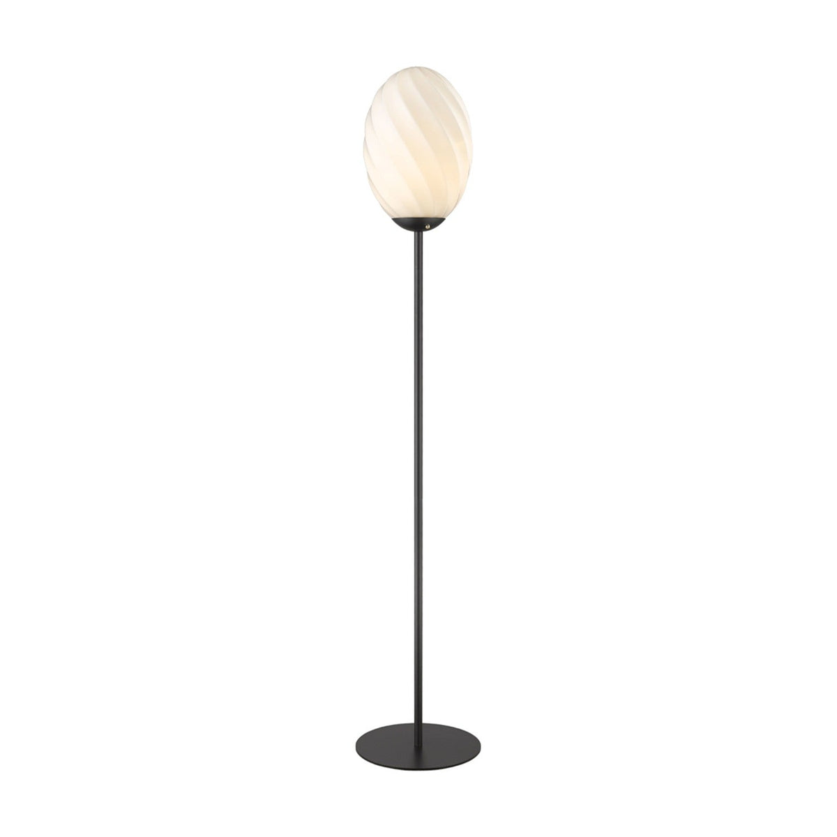 Twist Oval Floor Lamp in opal and black, featuring a tall egg-shaped ribbed glass shade on a slim black stem with round flat base, shown on a plain white background.