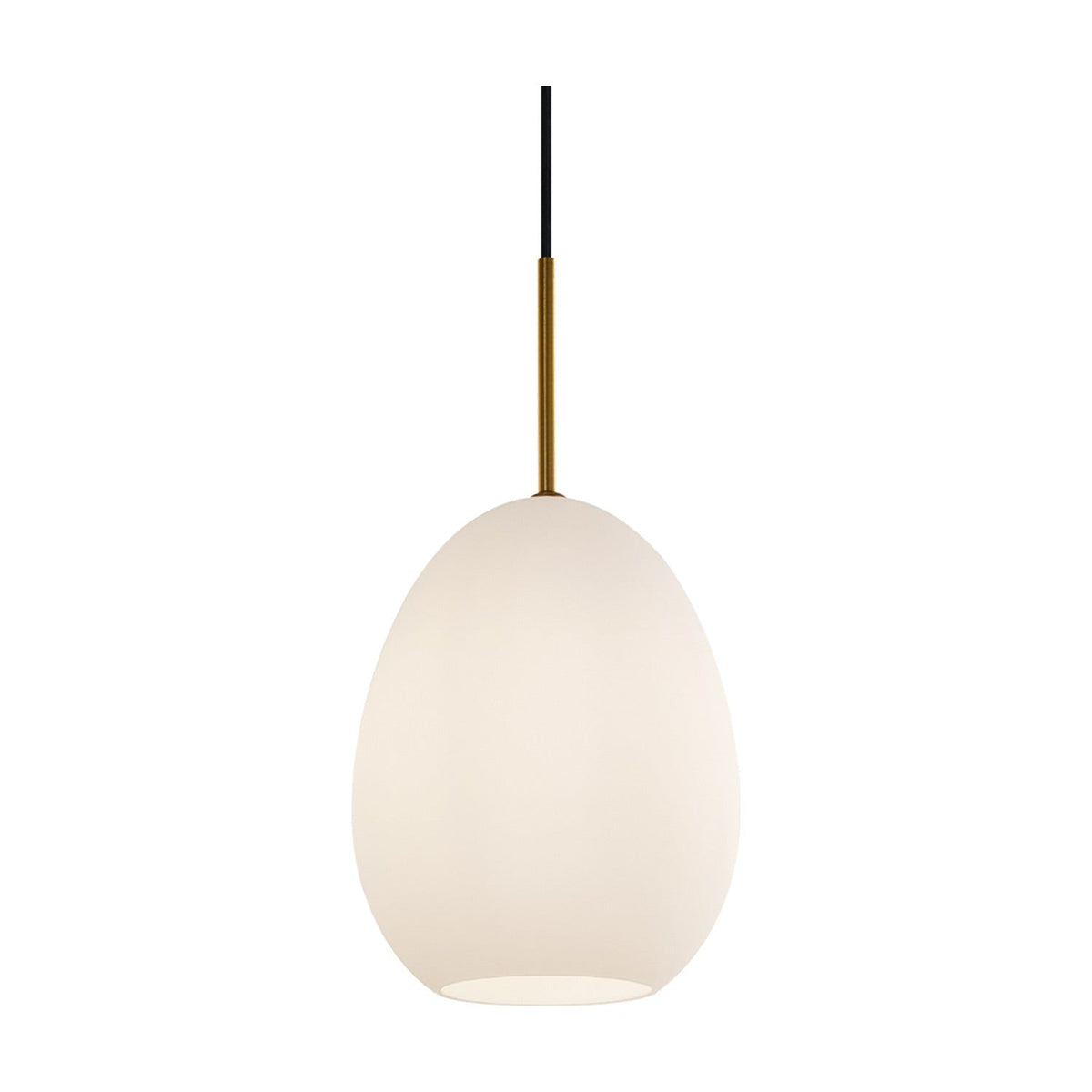 Bodø Pendant Light 20cm in Brass & White, featuring an egg-shaped opal glass shade on a slim brass sleeve with black flex cord, shown on a plain white background.