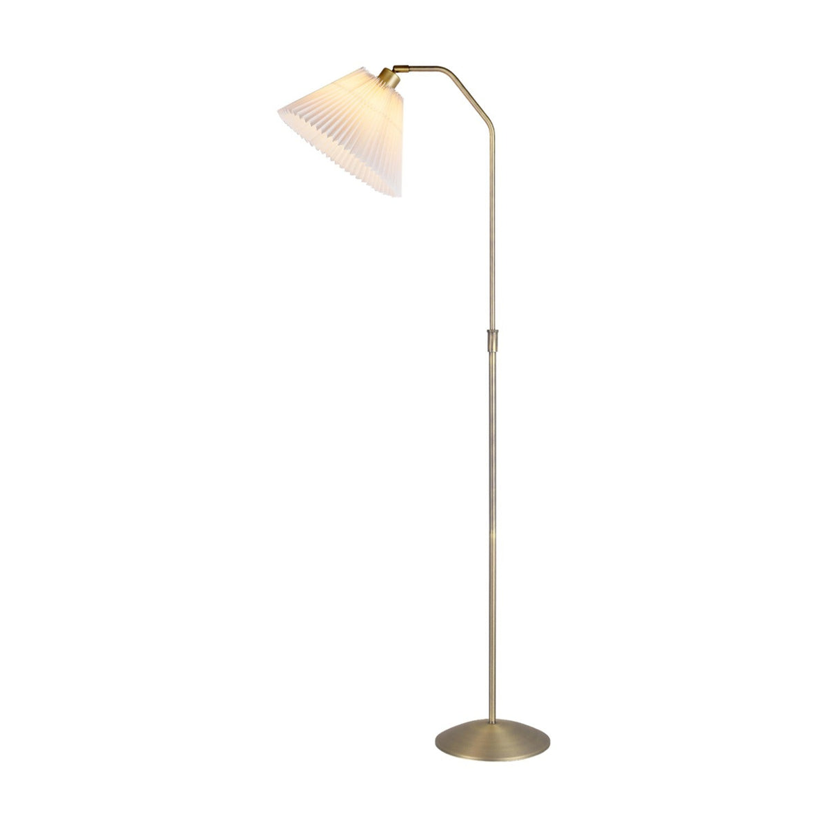 Berlin Floor Lamp in antique brass with a slim stem, height-adjustable pole, round base, and a wide white pleated conical shade, shown on a plain white background.