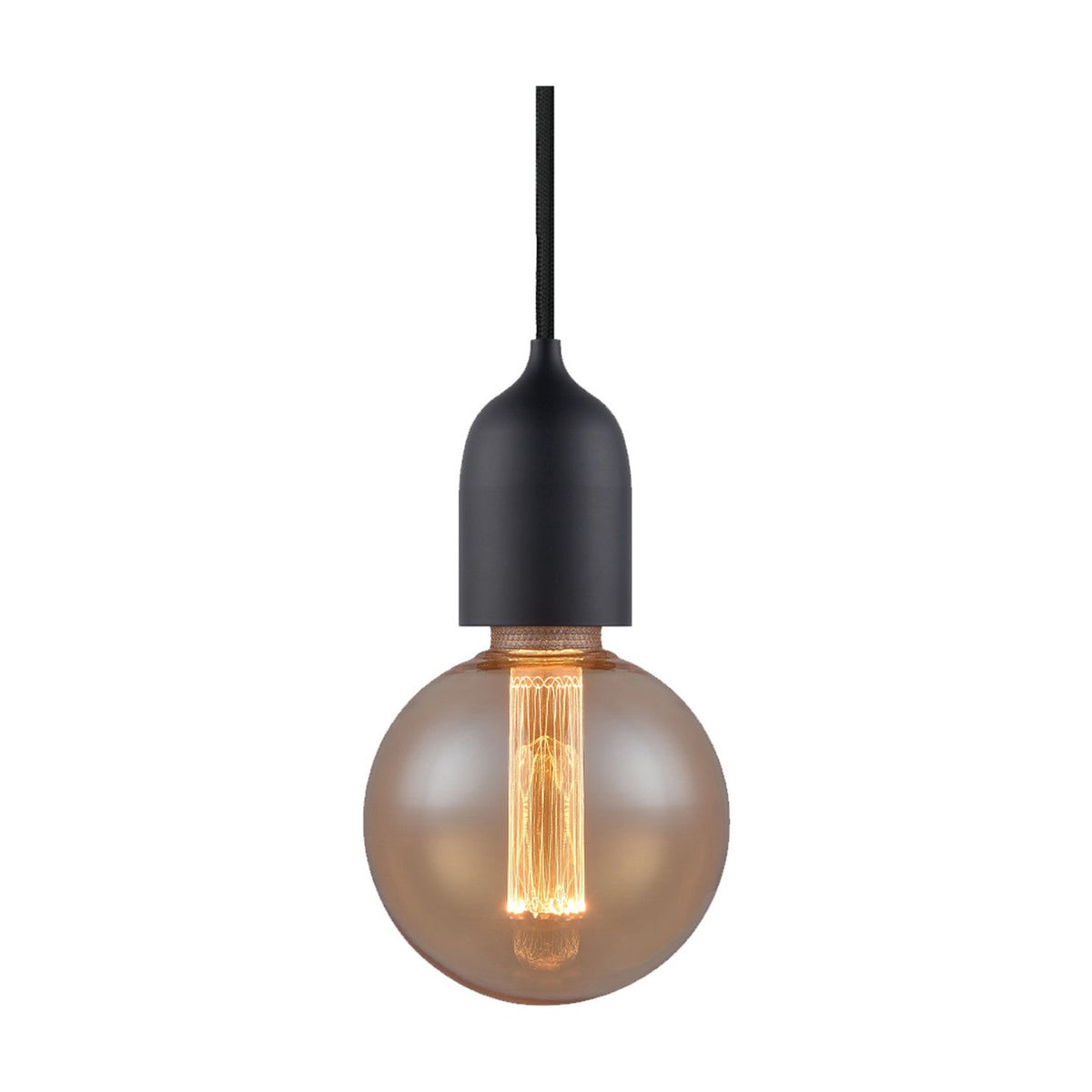 Classic Cable Cord Set E27 in matte black, showing a tapered E27 lampholder on black braided flex fitted with an amber globe bulb, on a plain white background.