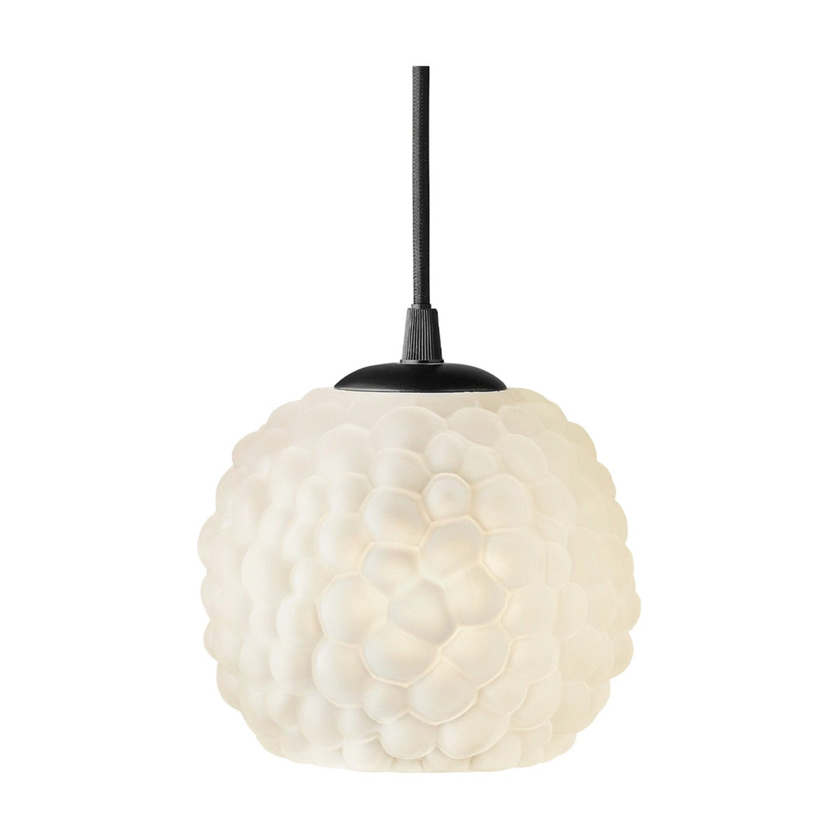 Grape Matt Pendant Light 15cm in opal white glass, a textured bubble-clustered sphere shade with black domed ceiling cap, shown on a plain white background.