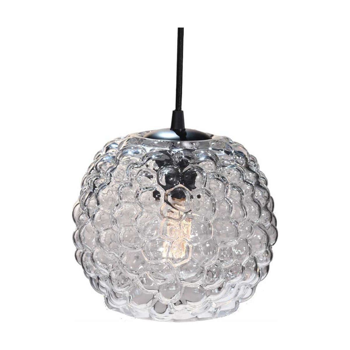 Grape Pendant Light 20cm in clear bubble-textured glass with a chrome ceiling cap and black cable, shown on a plain white background.