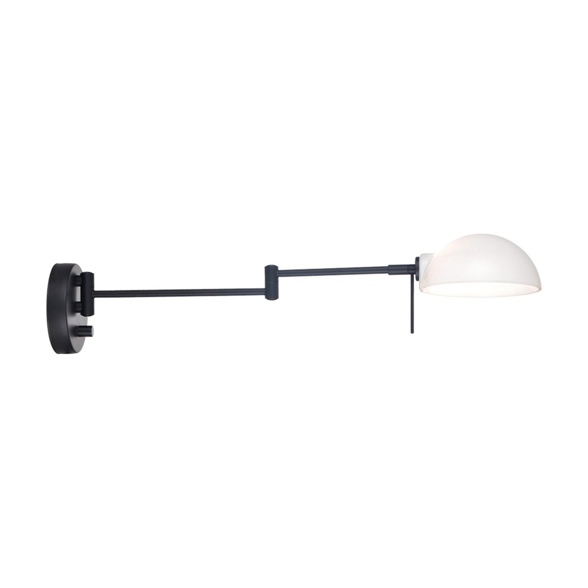 Copenhagen Wall Light in black, featuring a round wall plate with side switch, a jointed swing arm, and a white half-dome shade, shown on a plain white background.