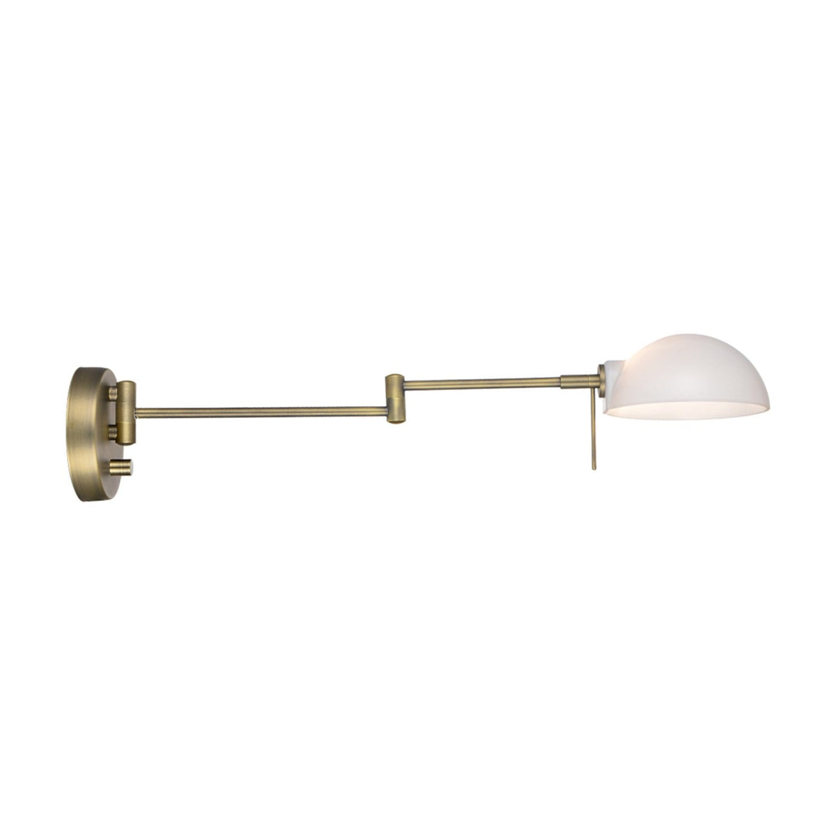 Copenhagen Wall Light in antique brass with a round wall plate, jointed swing arm, small white half-dome shade, and two switches, shown on a plain white background.