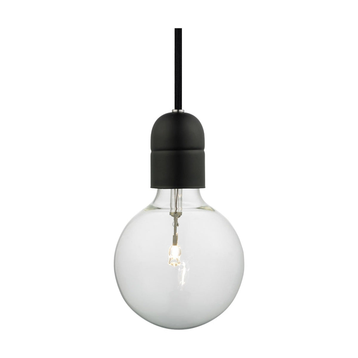 Cable Cord Set E27 pendant light in black, showing a matt black tapered lampholder with chrome collar on black braided flex, fitted with a clear glass globe bulb on a white background.