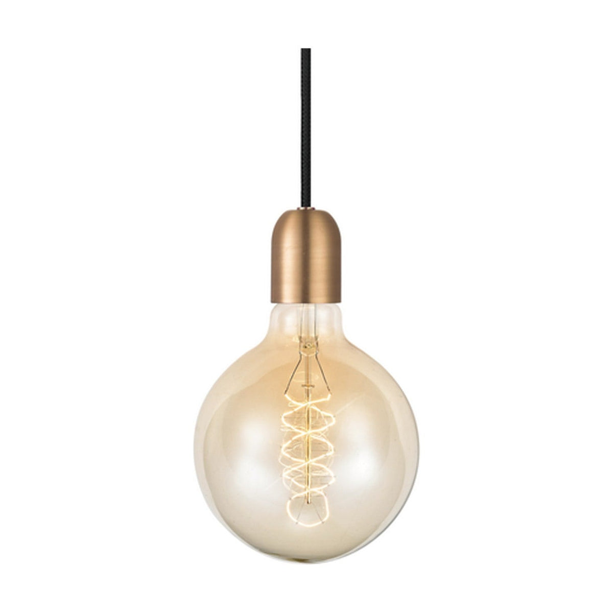 Cable Lacquer Cord Set E27 pendant fitting in copper, cylindrical lampholder with domed shoulder on black flex cord, shown with amber globe bulb on a white background.