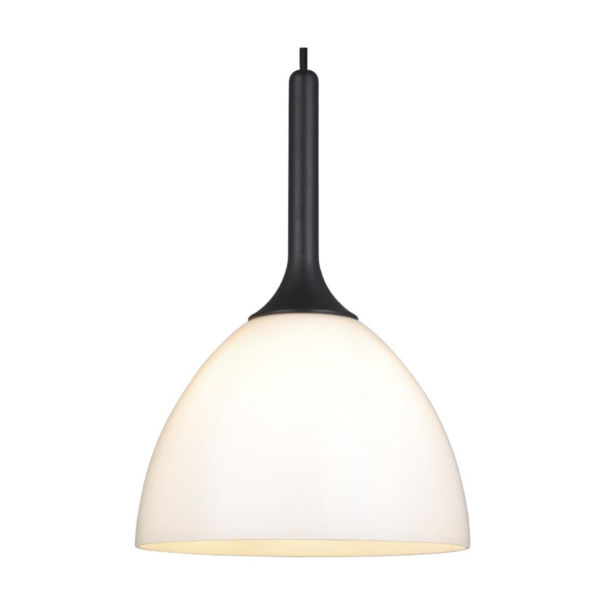 Bellevue Pendant Light 24cm in opal glass with a black cone fitting and dark stem drop, dome-shaped shade on a plain white background.