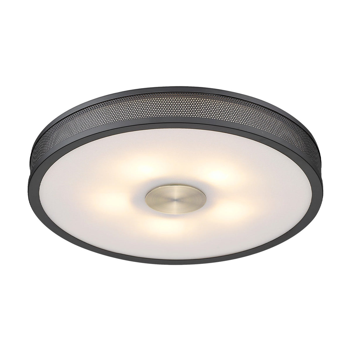 Frame 5 Light Flush Ceiling Light 43cm in black, a round drum with perforated mesh rim, opal diffuser and central antique brass boss, shown on a white background.