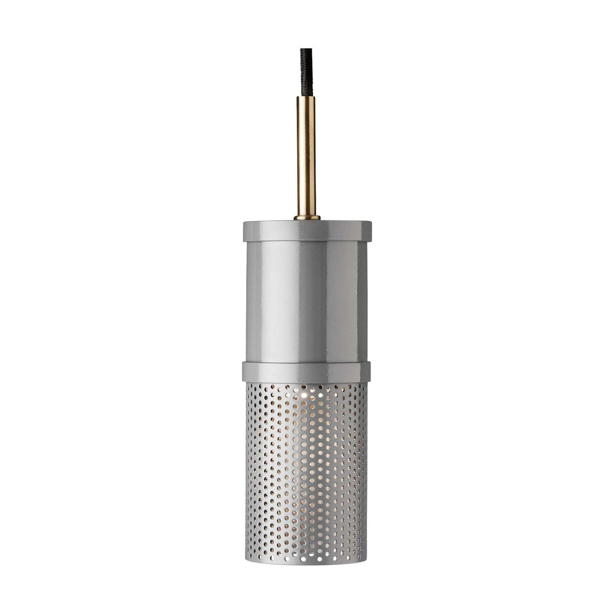 Frame Cylinder G10 Pendant Light in light grey, featuring a solid upper band and finely perforated lower sleeve, hung from an antique brass tube on a plain white background.