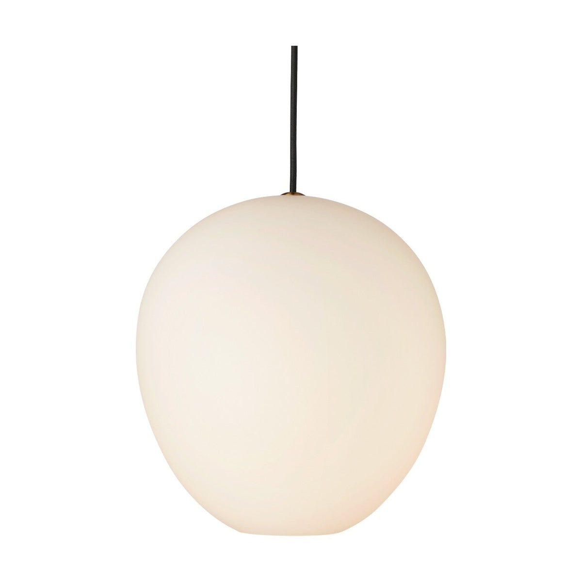 Wrong Pendant Light 26cm in opal white glass, a rounded globe shade with black flex cord and small brass ring detail, shown on a plain white background.