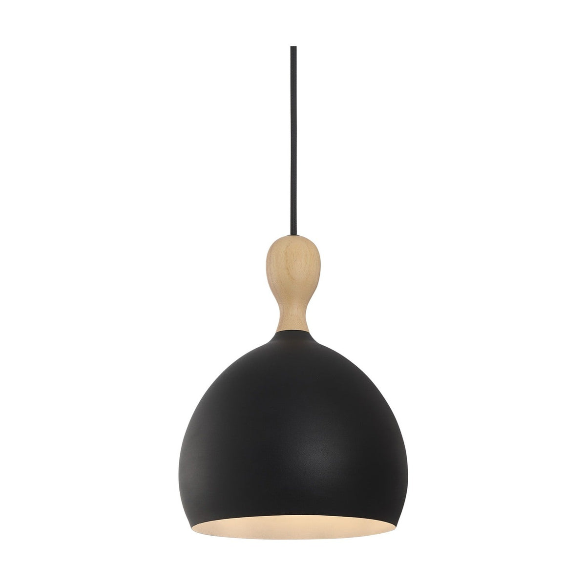 Dueodde Pendant Light 18cm featuring a matte black dome shade with white interior and a pale turned wood neck, hung on a black cord against a plain white background.