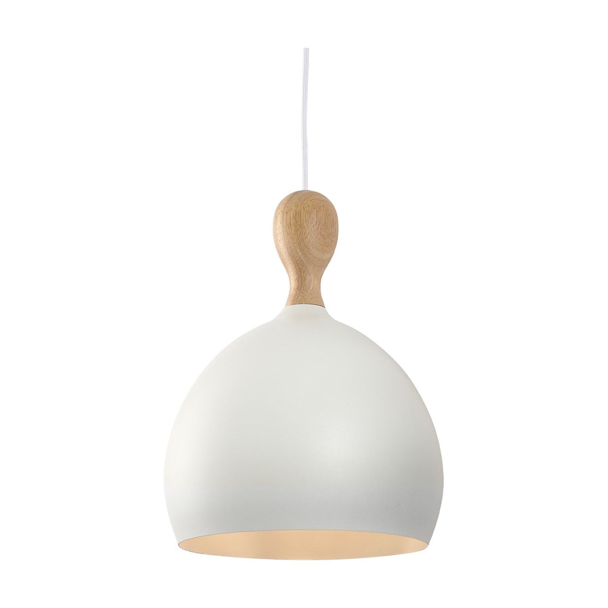 Dueodde Pendant Light 24cm in wood and white, with a matt white dome shade and a turned wood neck holding the cable, shown on a plain white background.