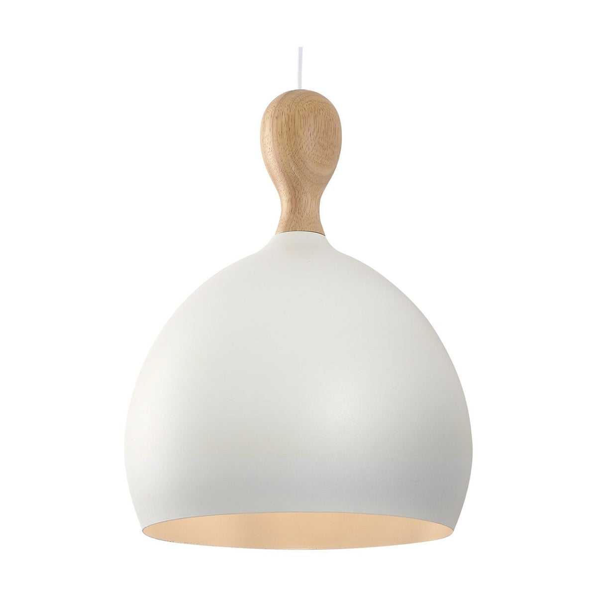 Dueodde Pendant Light 39cm in wood and white, featuring a dome metal shade with a turned wooden neck and knop, shown against a plain white background.