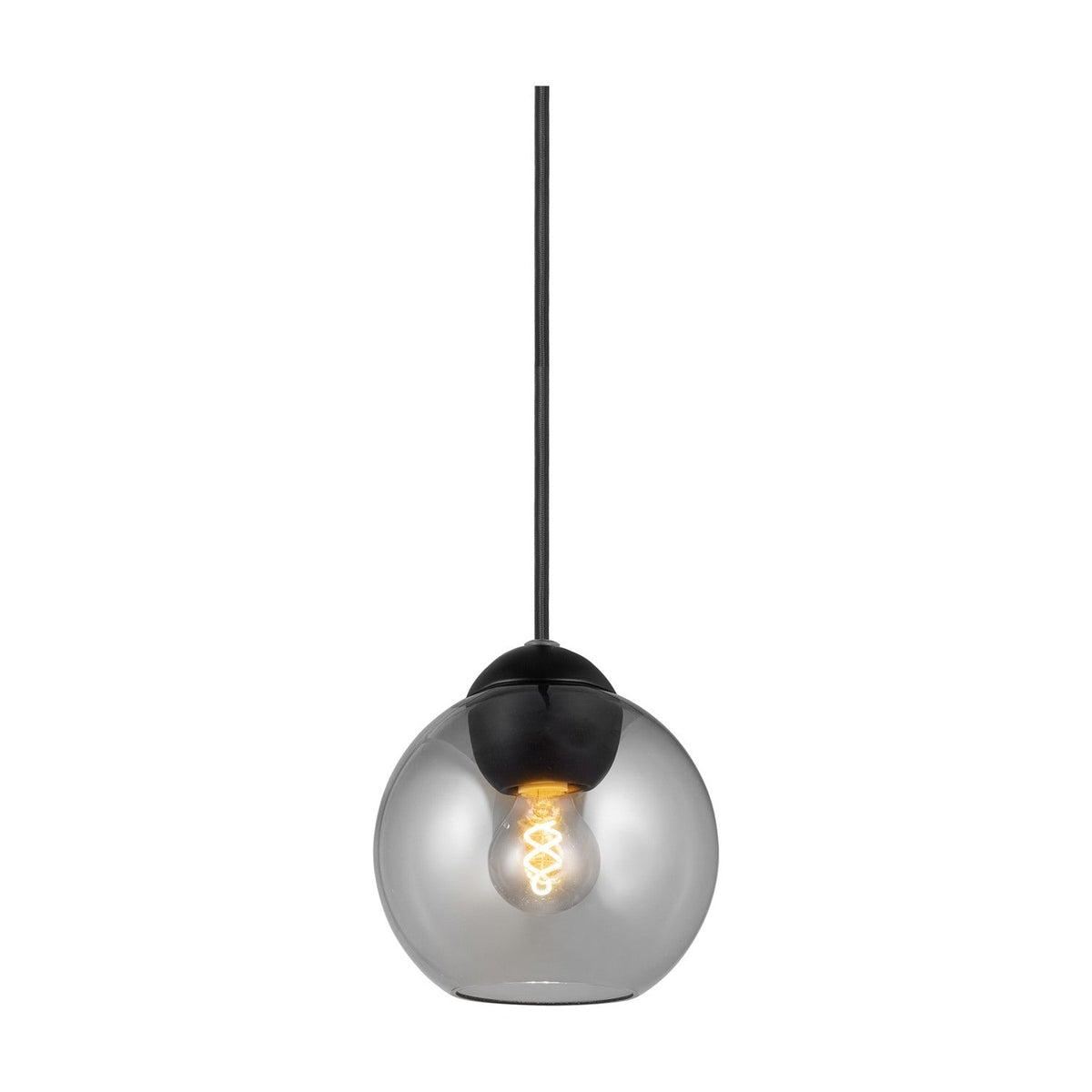Bubbles Mini Pendant Light 14cm in Smoke, a single smoked glass globe on a black cap and flex, showing a coiled filament bulb, on a plain white background.
