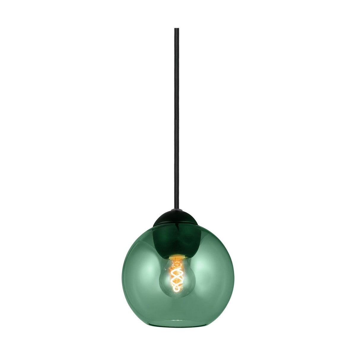 Bubbles Mini Pendant Light 14cm in green, a clear glass globe on a black cap and cord with visible bulb, shown on a plain white background.