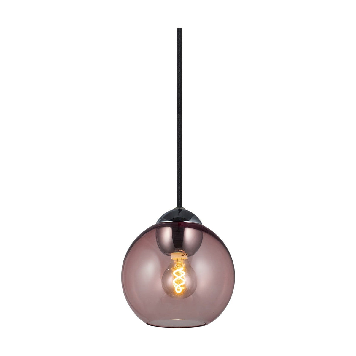 Bubbles Mini Pendant Light 14cm in Rose, a single dusty rose glass globe on a black cap and cord, showing an exposed filament bulb, set against a plain white background.