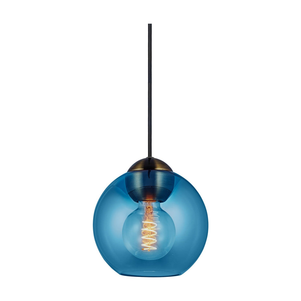 Bubbles Pendant Light 18cm in blue, a round glass globe shade on a black cord with brass cap, exposed bulb visible inside, against a plain white background.