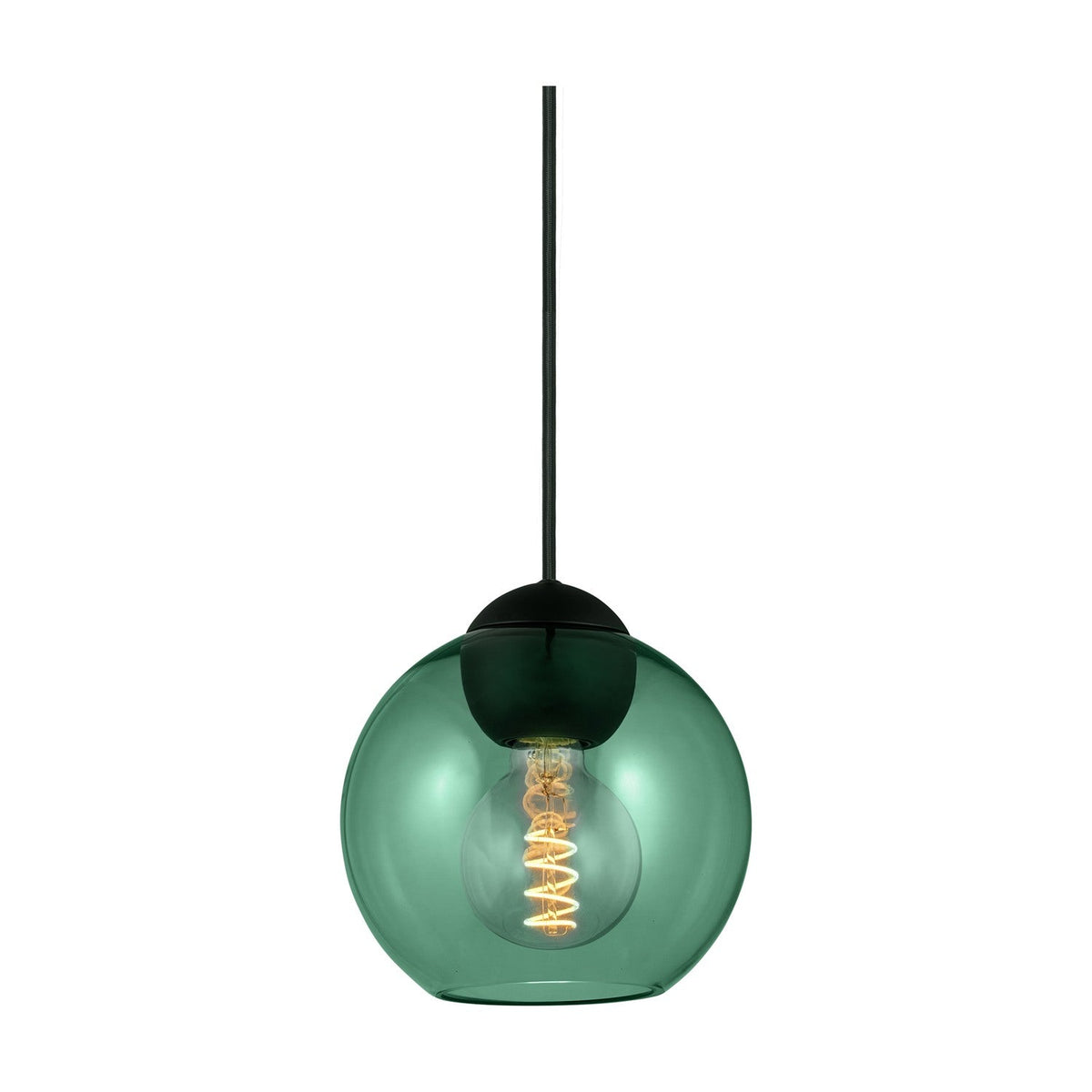Bubbles Pendant Light 18cm in Green, a spherical clear green glass shade on a black ceiling cap with black flex cord, showing an E27 spiral filament bulb, on a plain white background.
