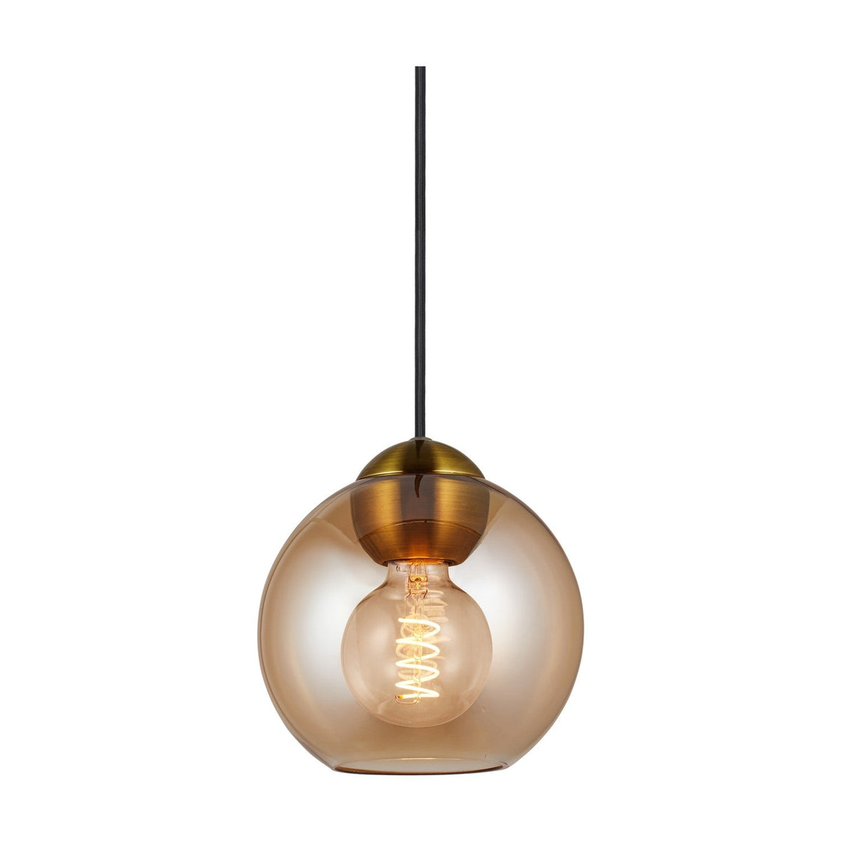 Bubbles Pendant Light 18cm in amber glass with a brass cap, single E27 bulb visible inside, on a black cord against a plain white background.