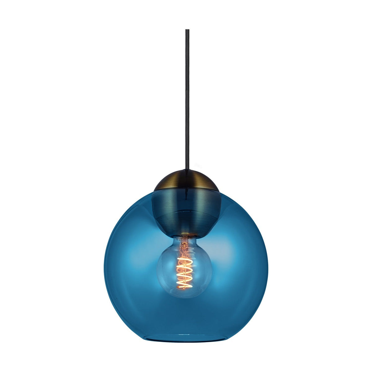 Bubbles Pendant Light 24cm in Blue, a round transparent blue glass globe with a brass cap and visible bulb, hung on a black cord against a white background.