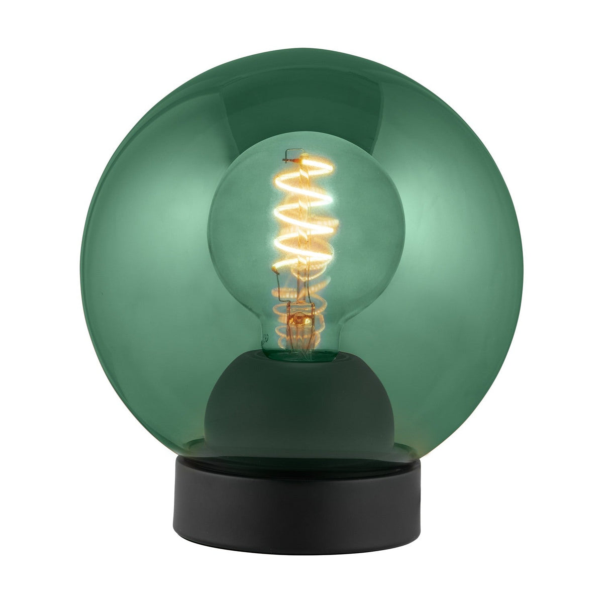 Bubbles Table Lamp 18cm in green, a large clear-green glass globe on a black cylindrical base with a visible spiral filament bulb, shown on a plain white background.