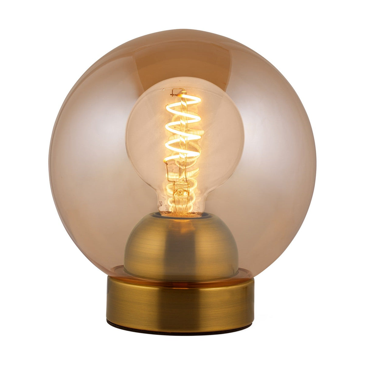 Bubbles Table Lamp 18cm in amber, a round amber glass globe on a low brass base with a lit spiral filament bulb visible inside, shown on a white background.