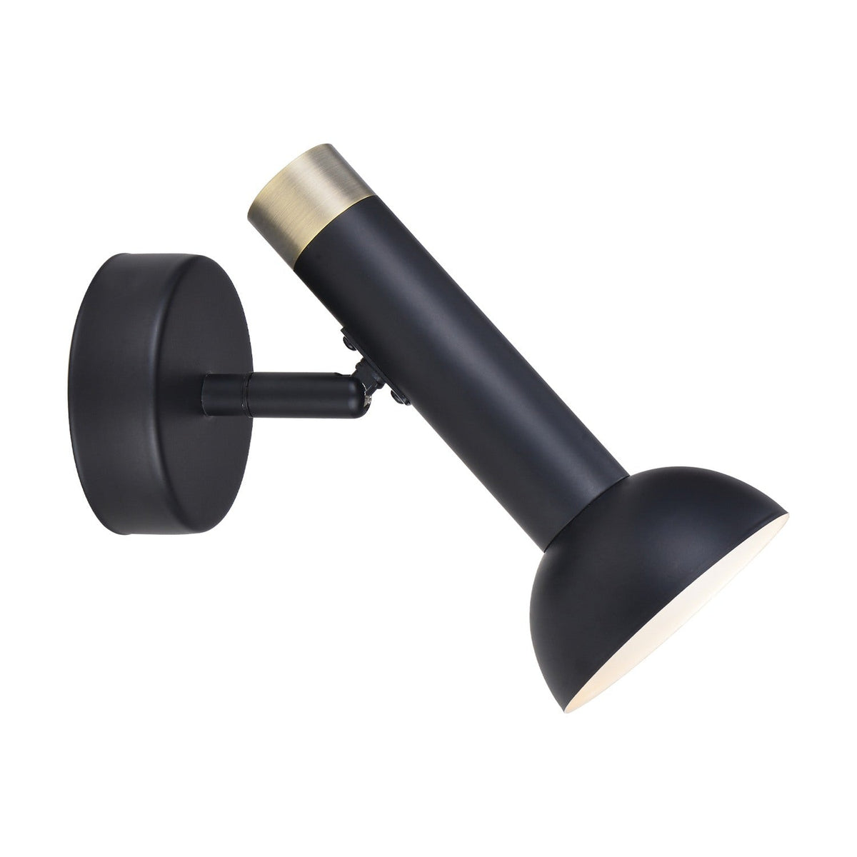 Torch Wall Pendant Light in black and antique brass, featuring a round wall plate, angled tube with brass collar, and flared half-dome shade, on a plain white background.