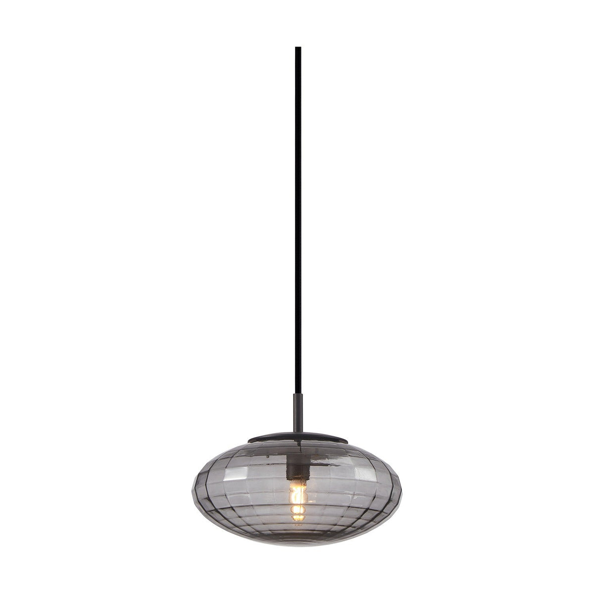 Mesh Pendant Light 20cm in smoke – a wide, squat smoked-glass ellipsoid shade with a fine grid pattern, black cable and cap, exposed bulb visible, on a plain white background.