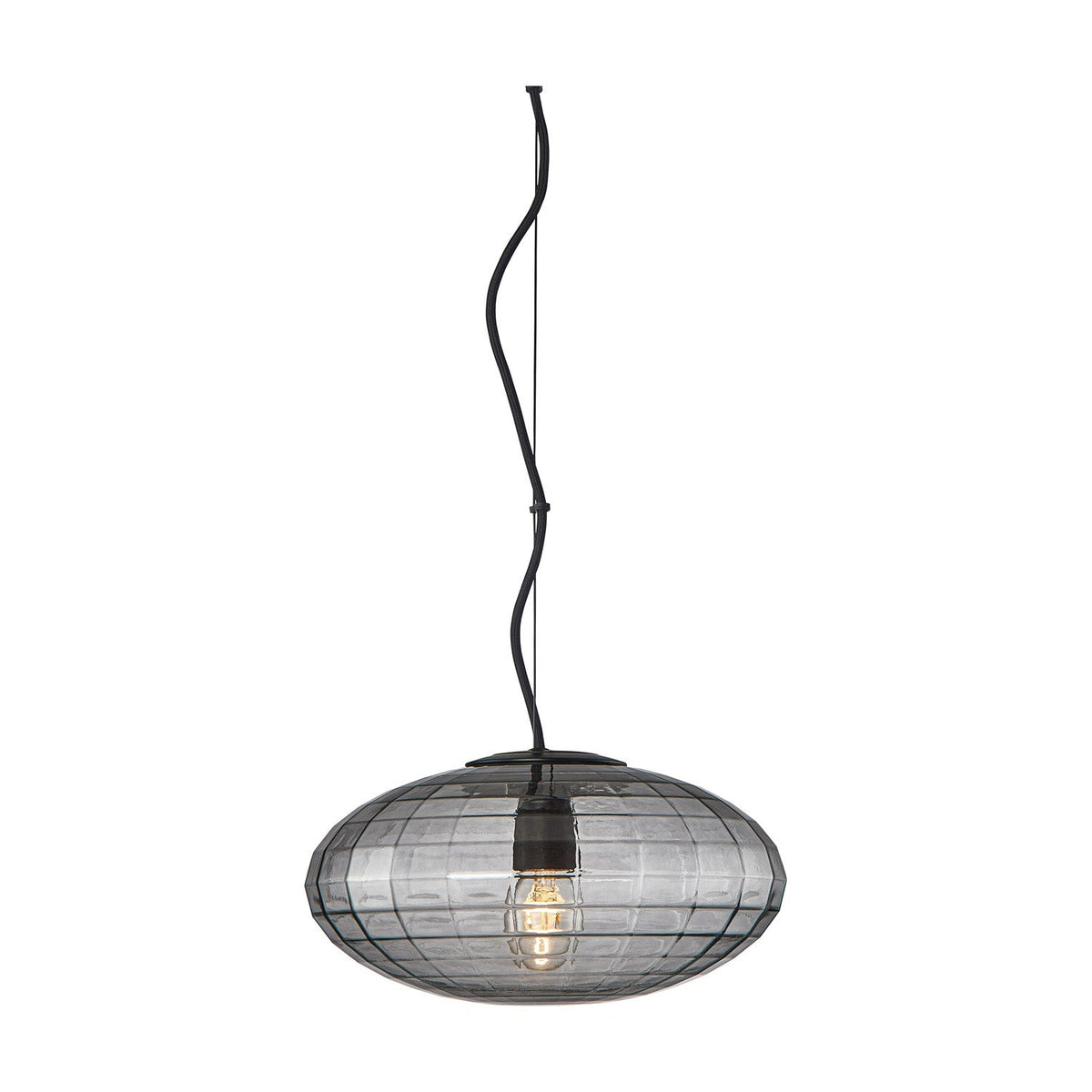 Mesh Pendant Light 28cm in Smoke, a squat smoked-glass ellipsoid shade with a faint grid pattern, black disc cap and curved cord, shown on a plain white background.
