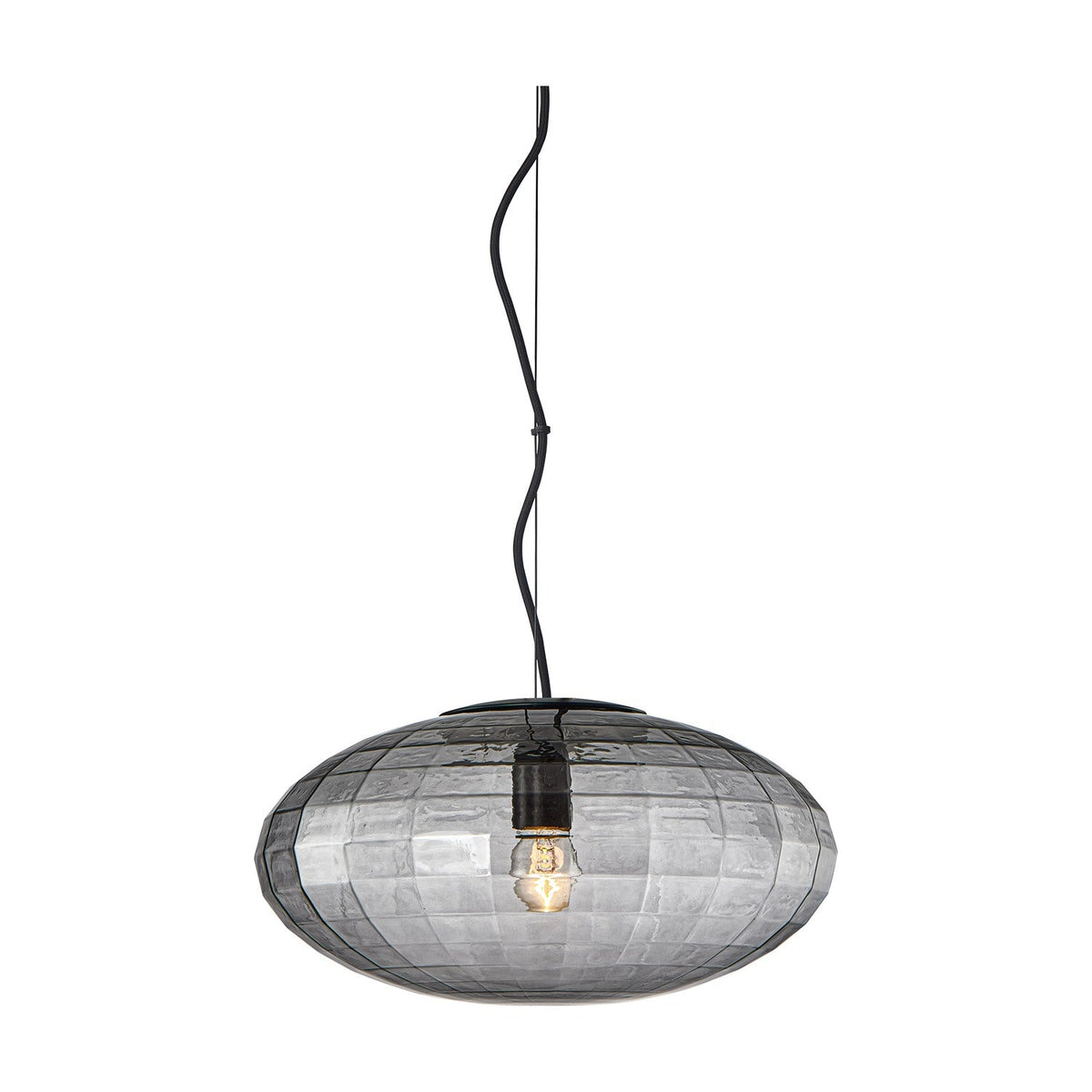 Mesh Pendant Light 36cm in smoke grey, a squat ellipsoid glass shade with a pressed grid pattern, black disc cap and flex, E27 bulb visible, on a plain white background.