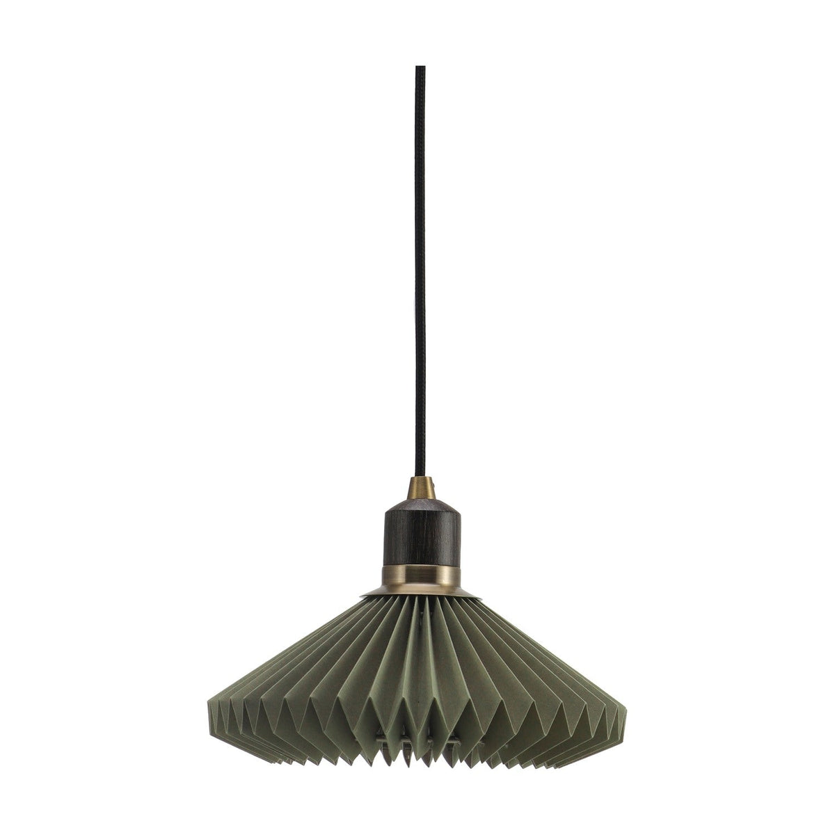 Paris Forest Cable Pendant Light 24cm in green pleated paper with a scalloped fan-shaped shade, dark wood collar, and antique brass ring, on a black cable against a plain white background.