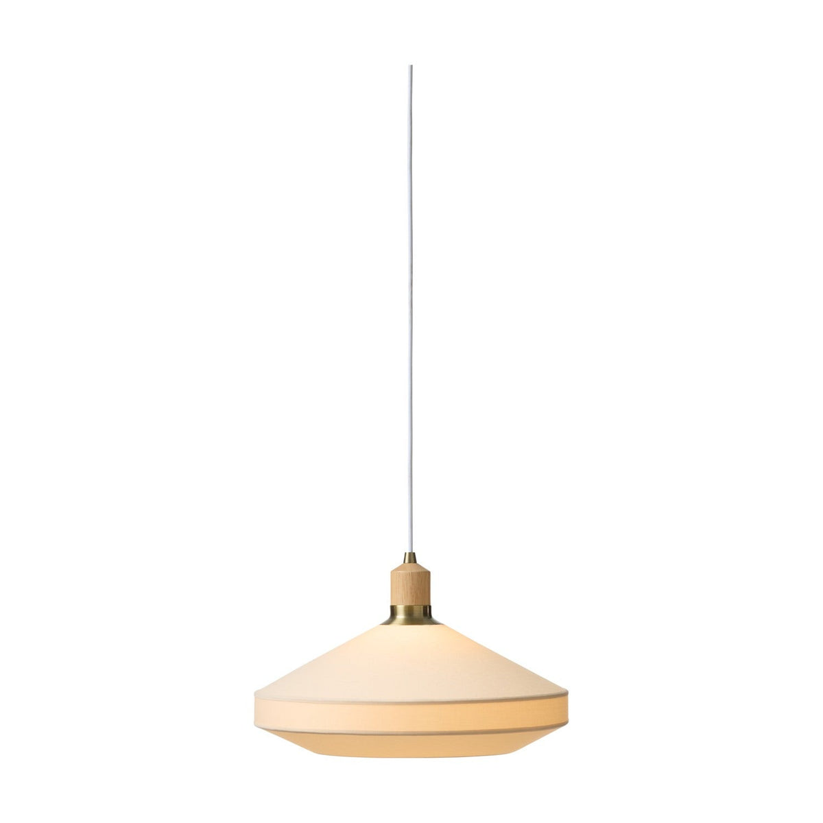 Paris Silk Pendant Light 40cm in natural cream fabric, cone-and-drum shade with pale wood collar and brass ring detail, on a plain white background.