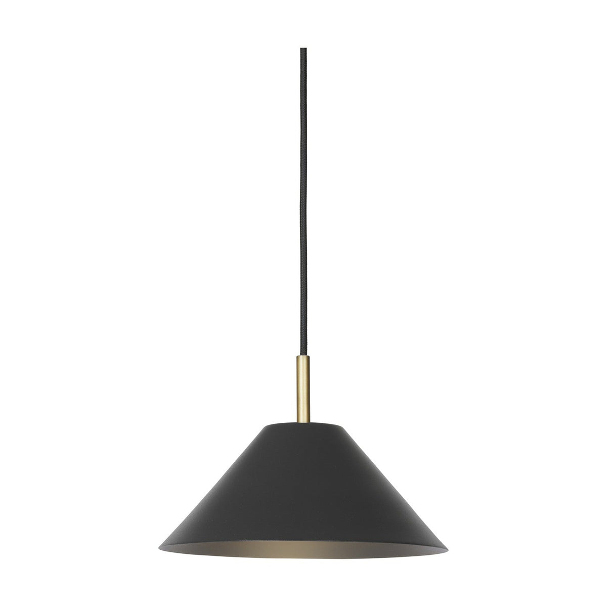 Hygge Pendant Light 24cm in graphite, a shallow cone-shaped metal shade with a brass tube fitting and black flex cord, pale interior lining, shown on a plain white background.