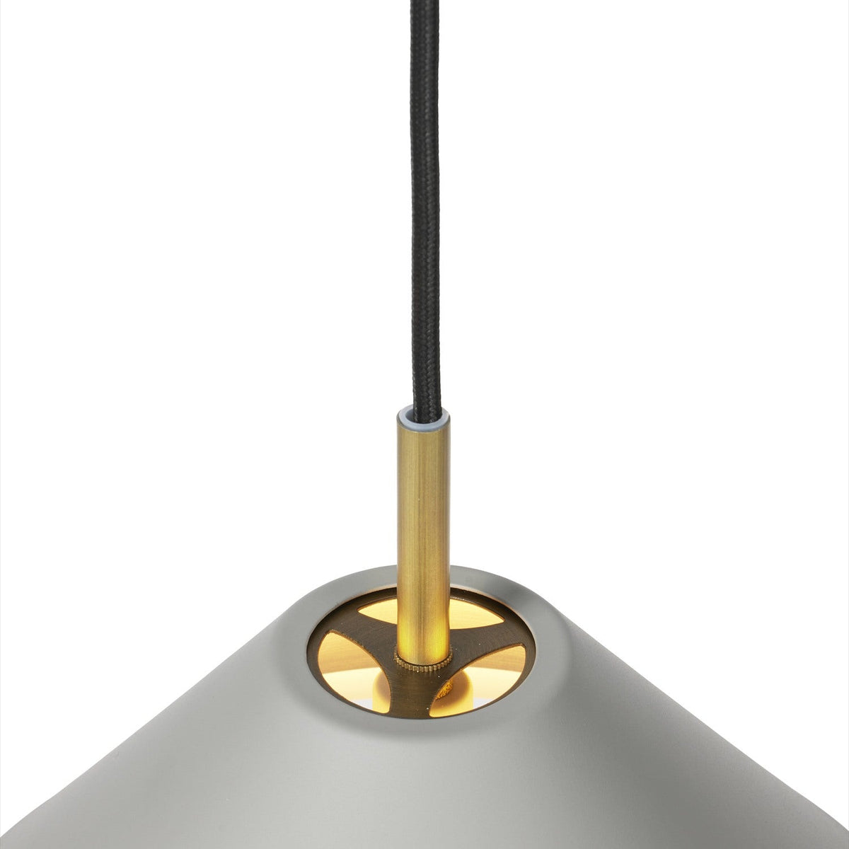 Close-up of the Hygge Pendant Light 40cm in warm grey, showing the wide cone shade with a cream-lined interior and brass tube connecting to a black fabric flex, on a plain white background.