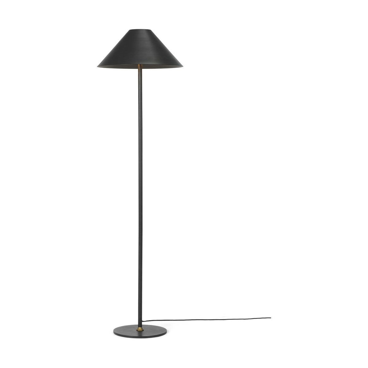 Hygge Floor Lamp 40cm in graphite with a wide black cone shade, slim round stem, brass collar accent, and flat black disc base, shown against a plain white background.